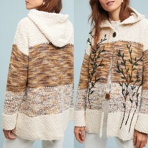 Anthropologie Cream and Brown Hooded Knit Cardigan with Embroidered Branches